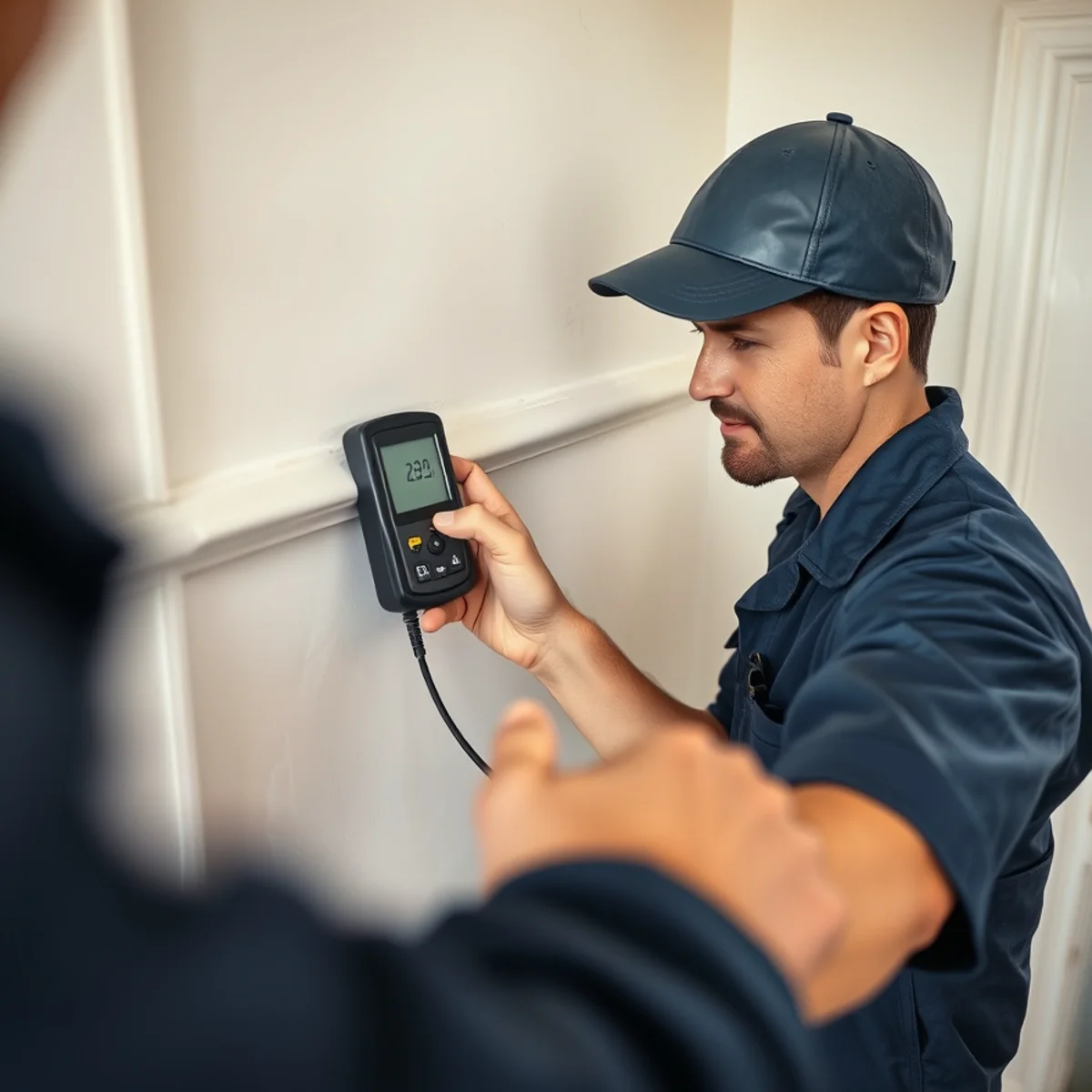IICRC-certified technician taking a moisture reading on a wall in a Berkeley home