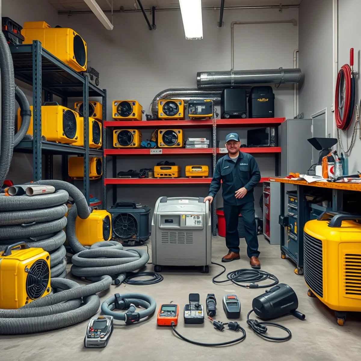 Air movers, dehumidifiers and moisture meters racked in the Water Damage Berkeley equipment bay