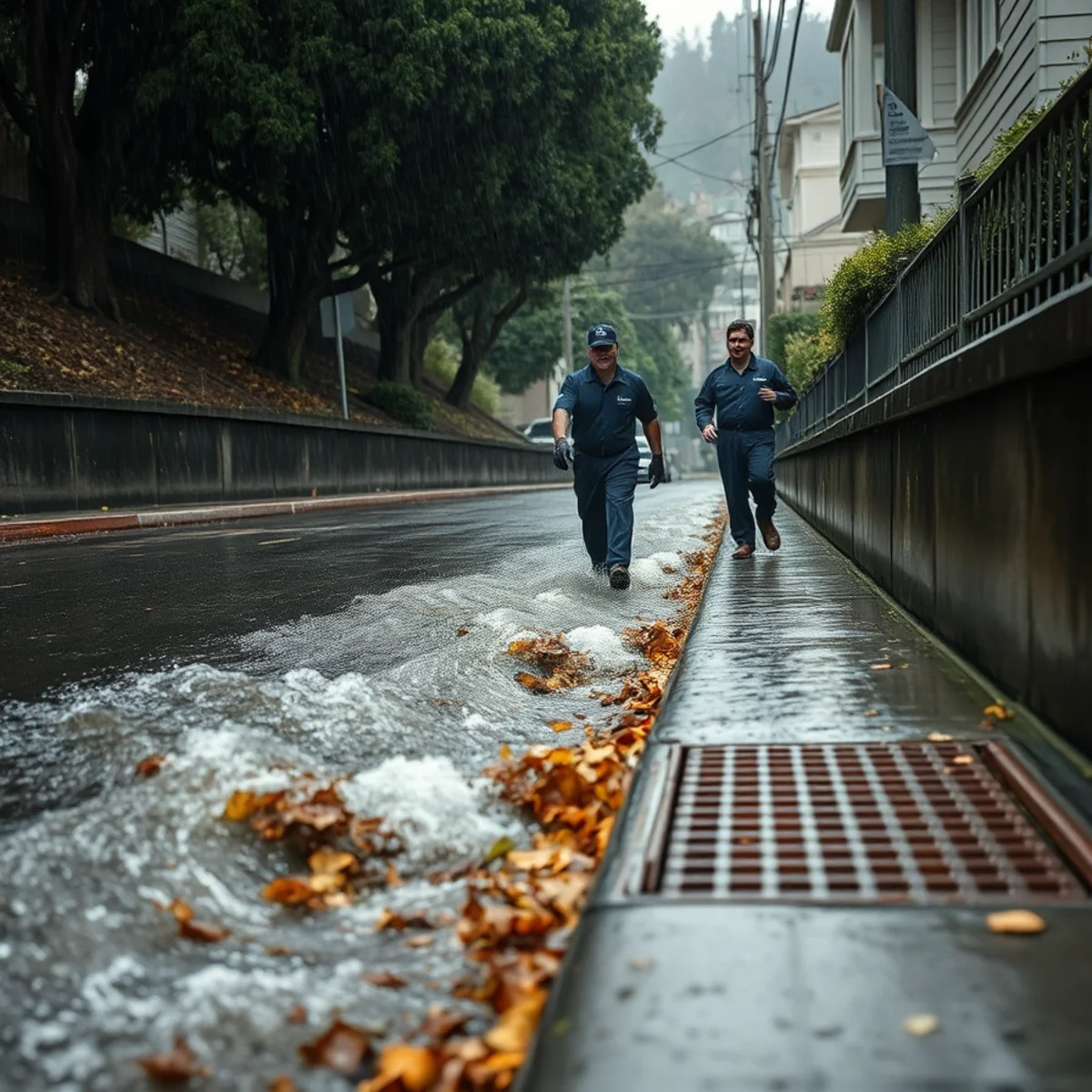 Storm runoff accelerating down a steep Berkeley Hills street