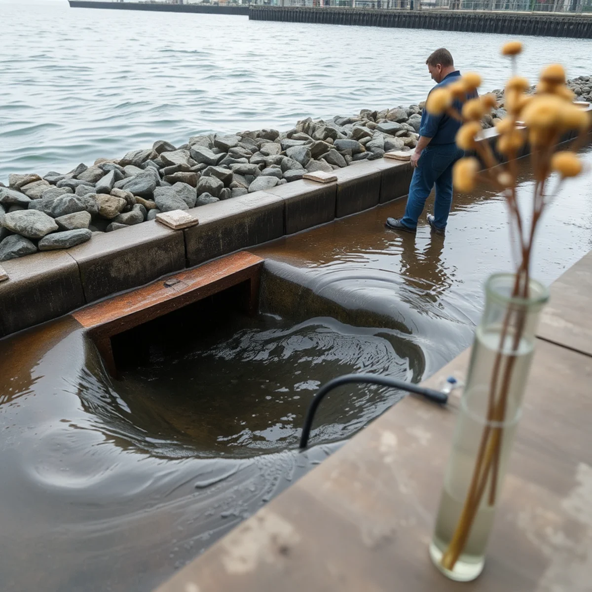 High tide holding back storm drainage at the Berkeley waterfront