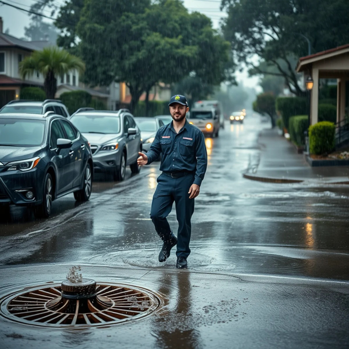 Heavy rain running down a Berkeley street during an atmospheric river storm