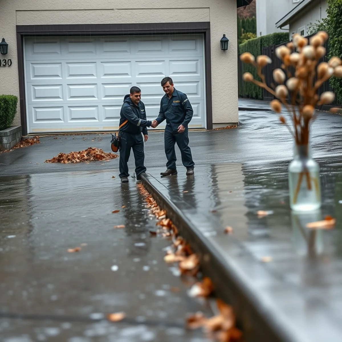 Surface runoff sheeting down a steep Berkeley driveway toward a garage