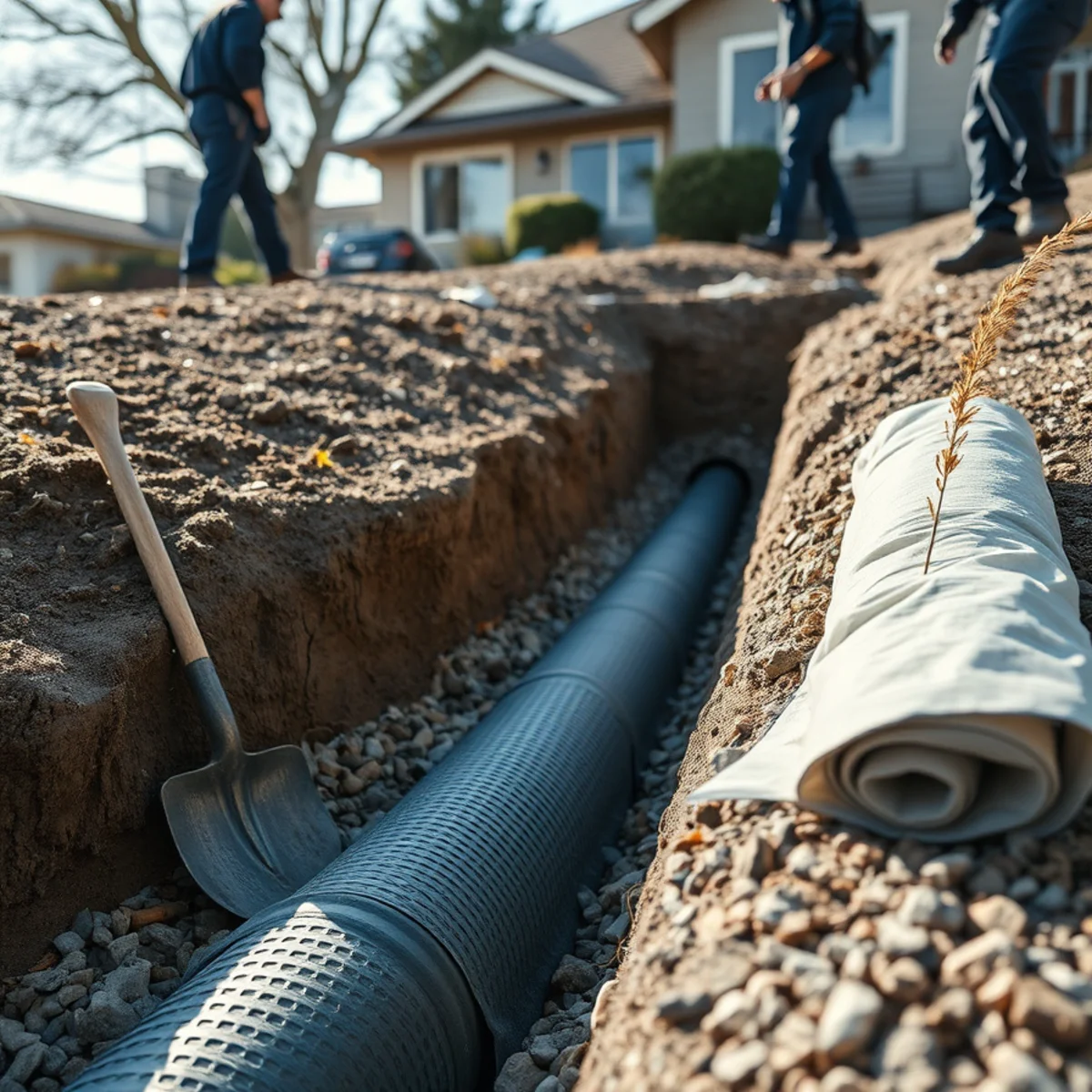 Curtain drain trench installed upslope of a Berkeley Hills home