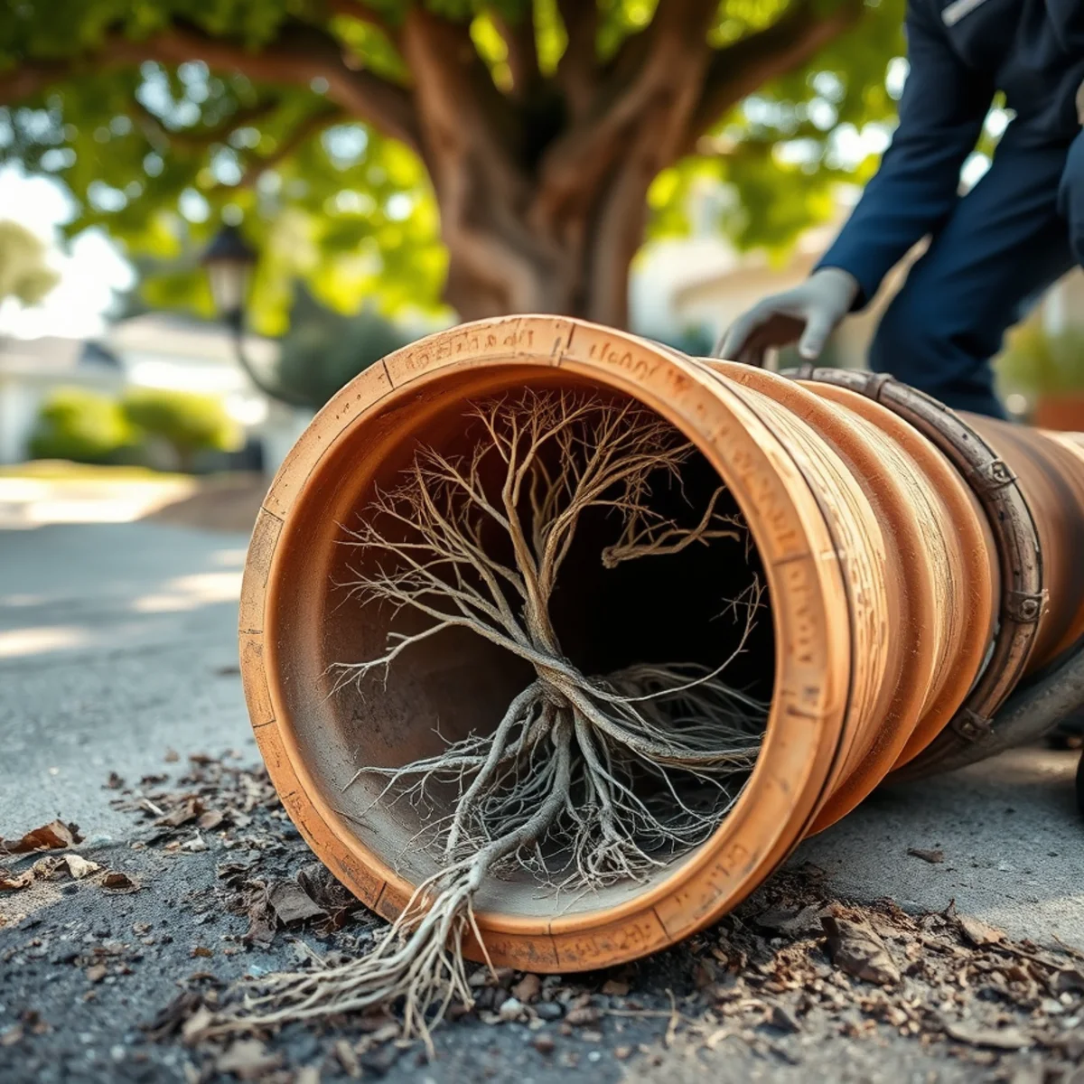 Tree roots forced through the joint of a clay sewer lateral in Berkeley