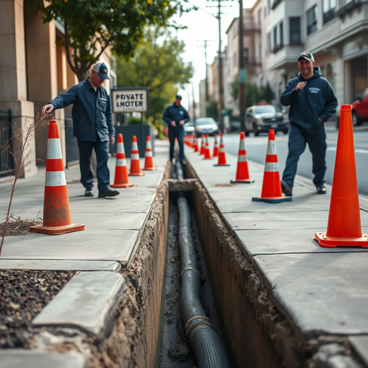 Excavation showing the private lateral running under the sidewalk to the city main