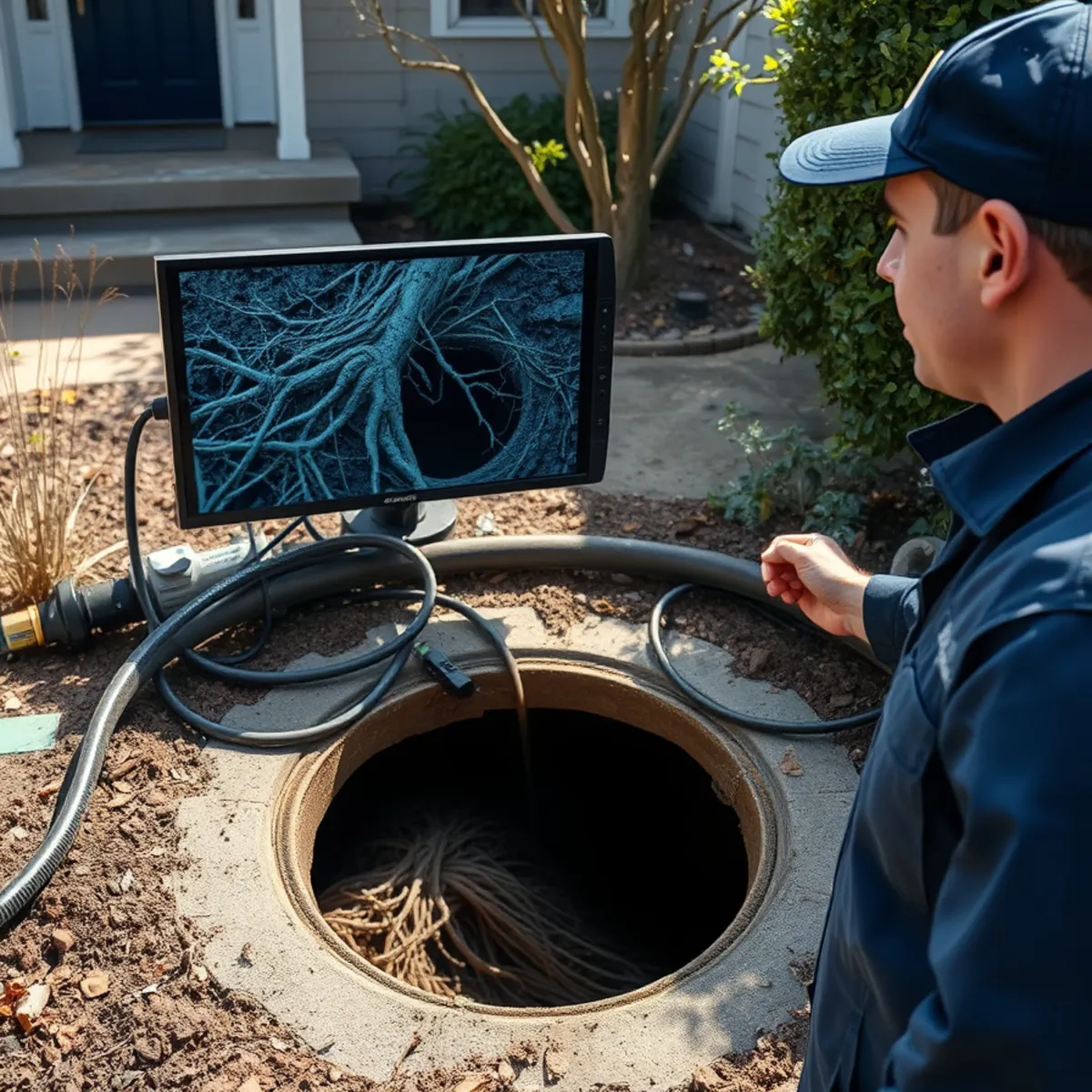 Camera inspection of an old clay sewer lateral with root intrusion at a Berkeley home