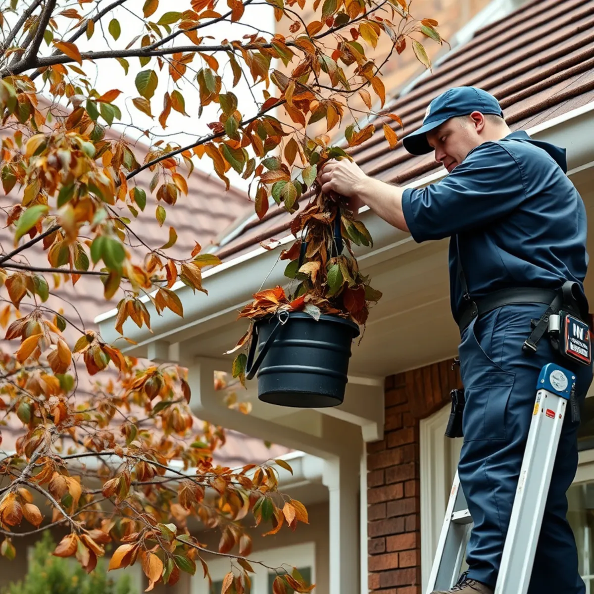 Homeowner scooping wet leaves out of a gutter on a Berkeley home