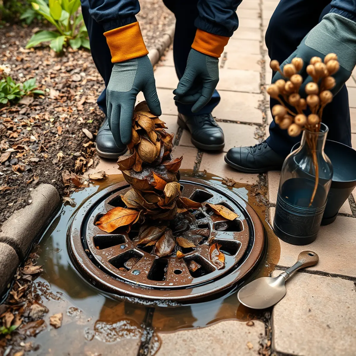 Clearing leaf litter from a blocked area drain in a Berkeley garden