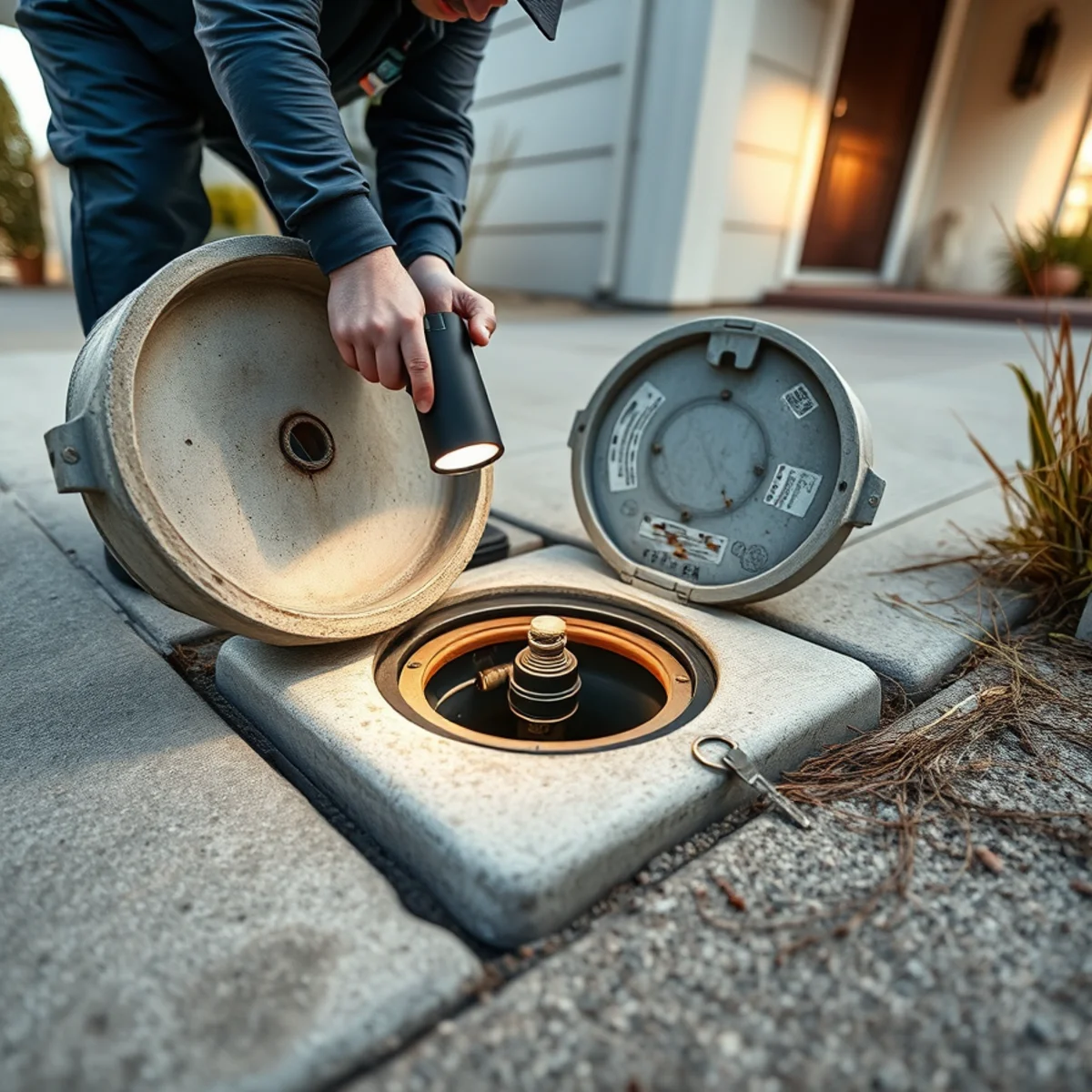 Homeowner locating the main water shut-off valve at a Berkeley home
