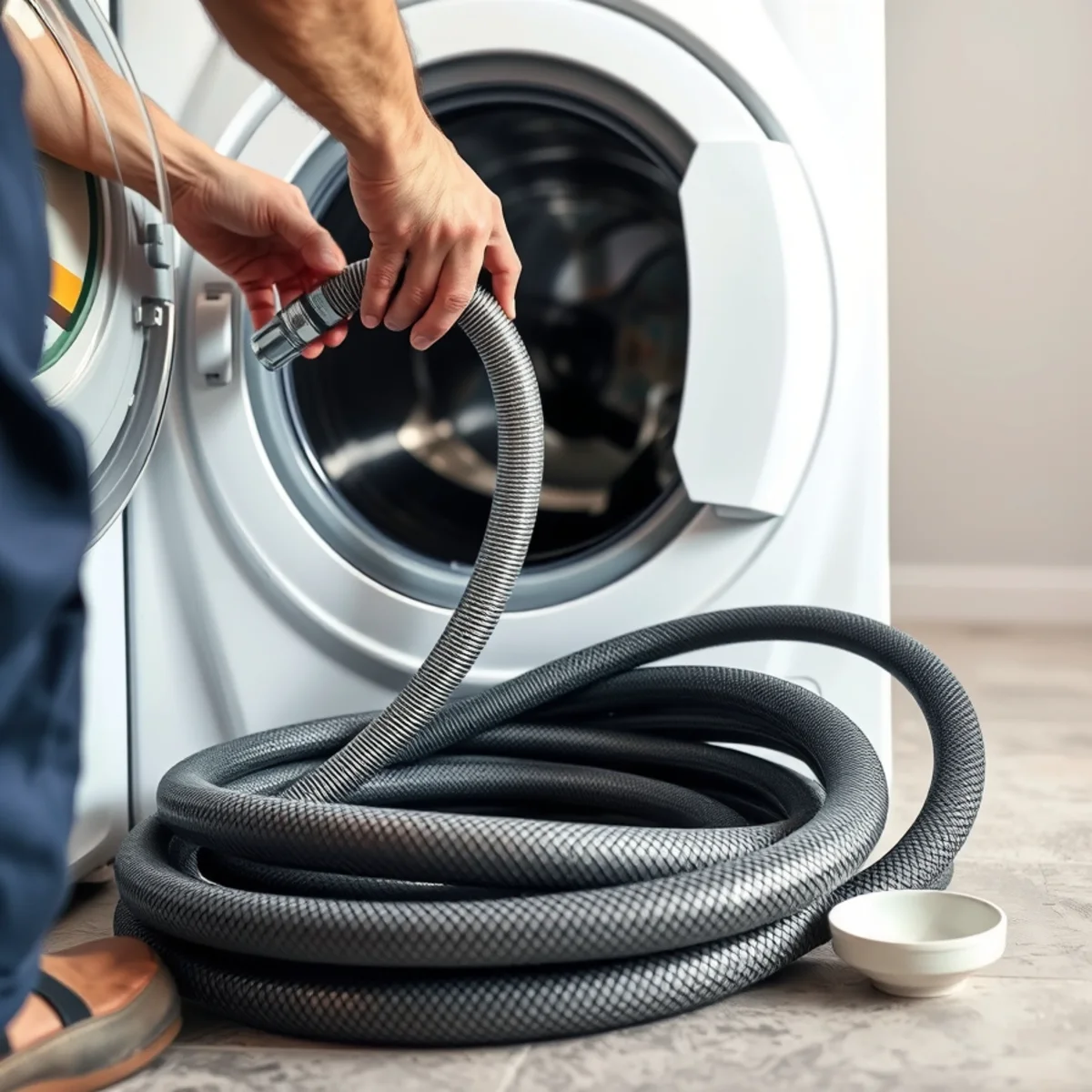 Braided stainless steel washing machine hoses replacing old rubber supply lines