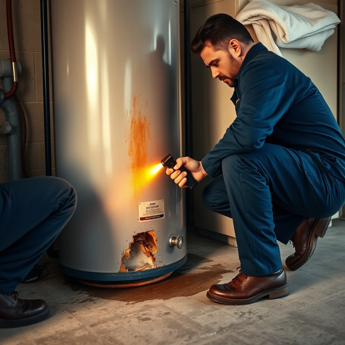 Inspecting the base of a water heater for rust and moisture in a Berkeley home