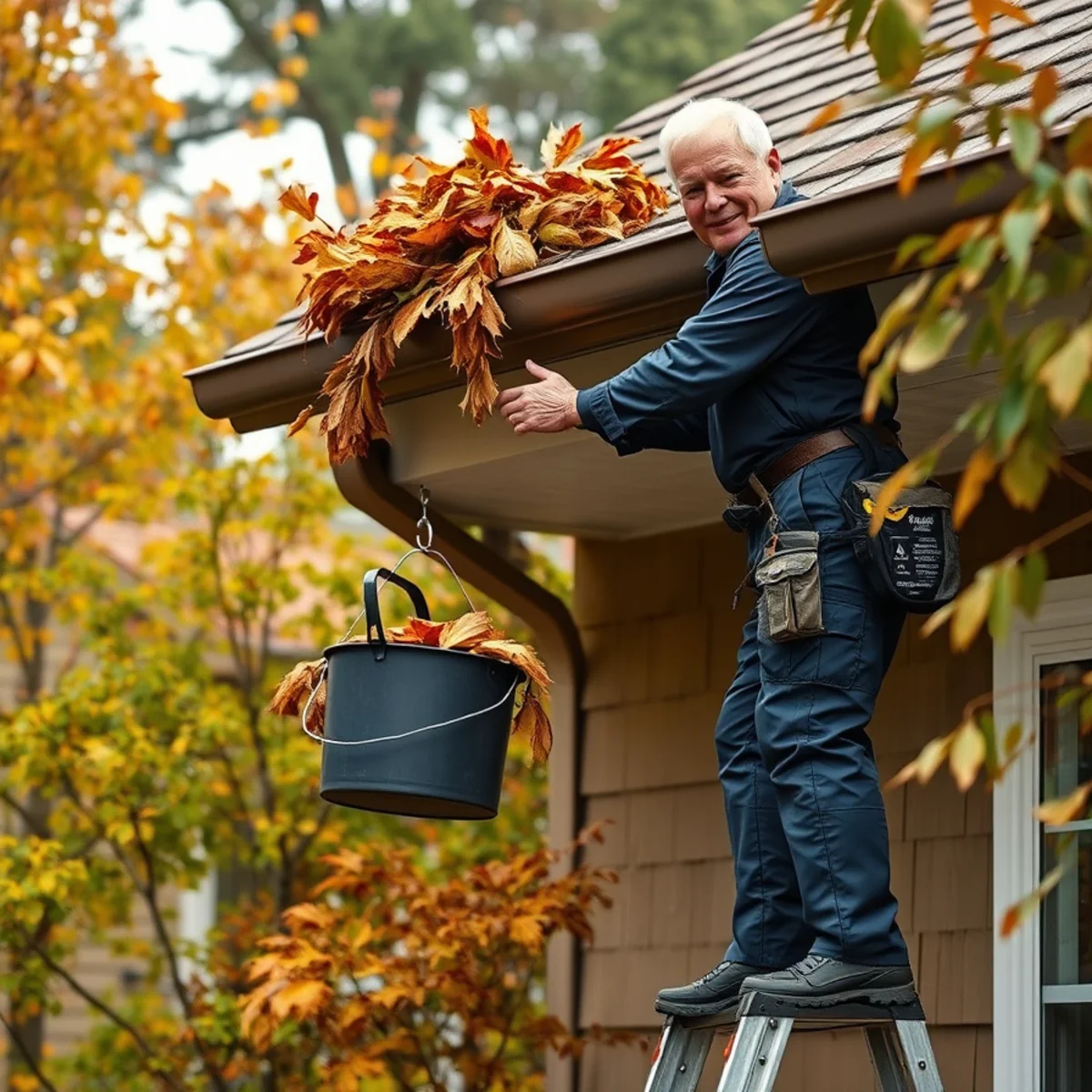 Homeowner clearing leaves from a gutter on a Berkeley home before the rainy season