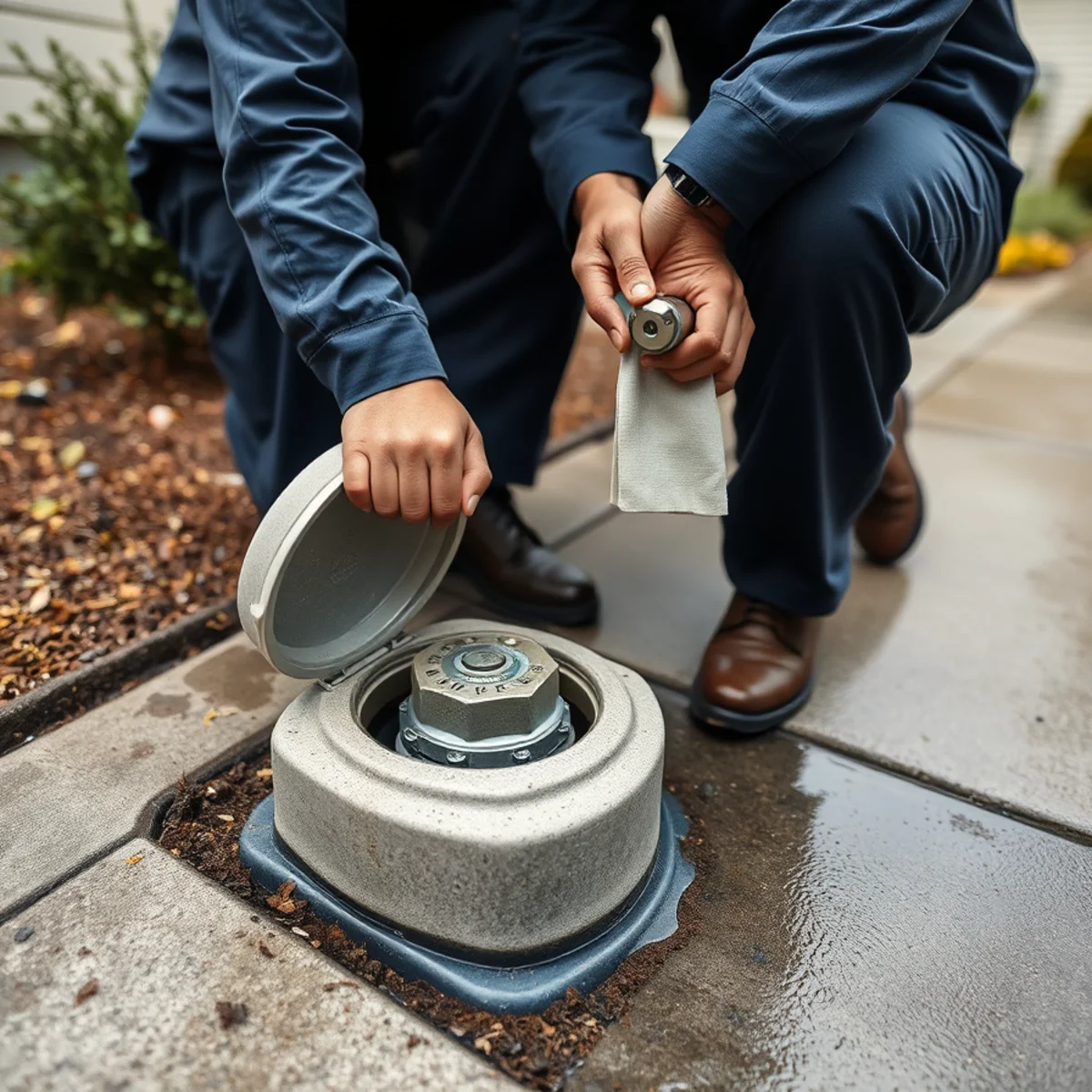 Homeowner shutting off the main water valve at the sidewalk of a Berkeley home