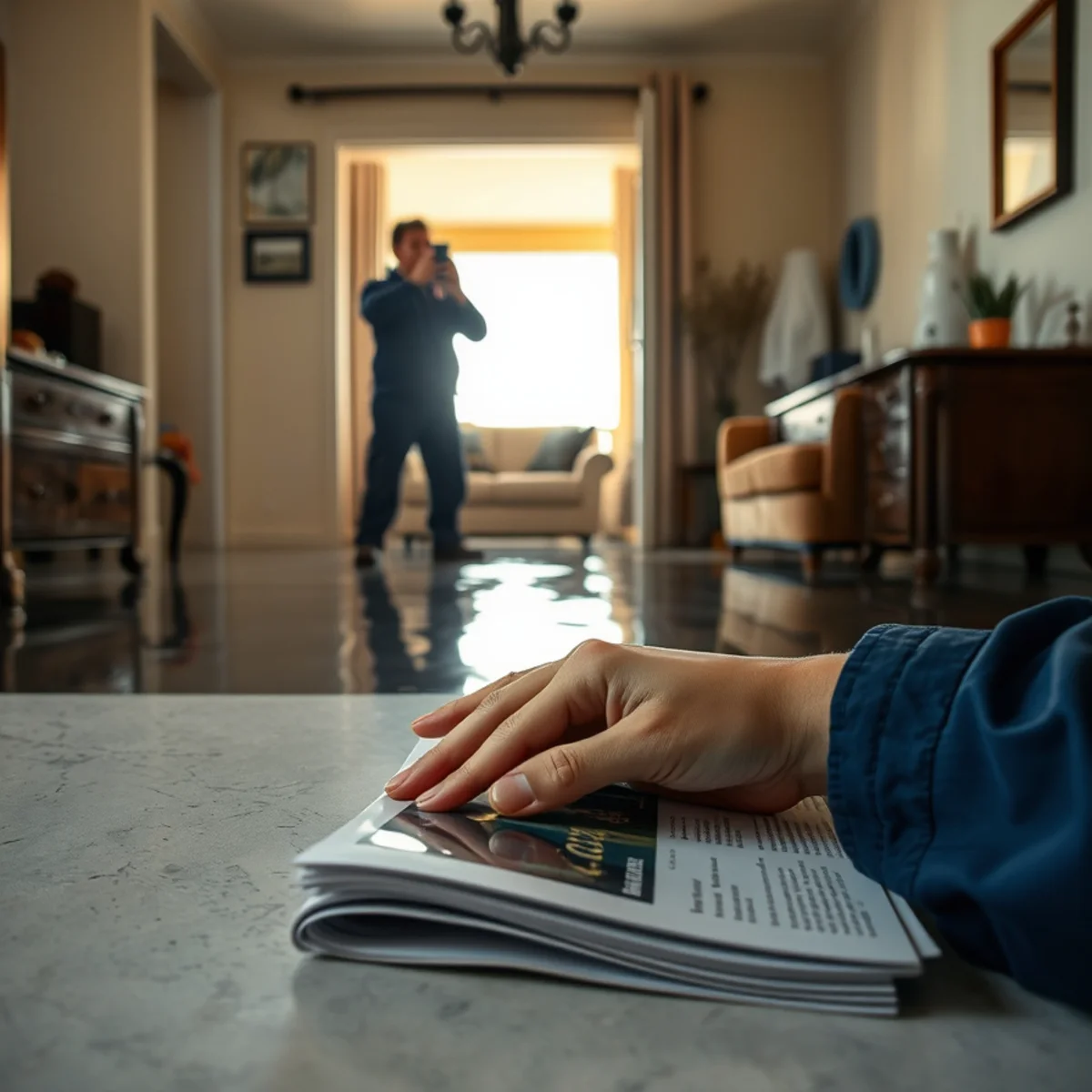 Homeowner photographing water damage on a phone before moving anything