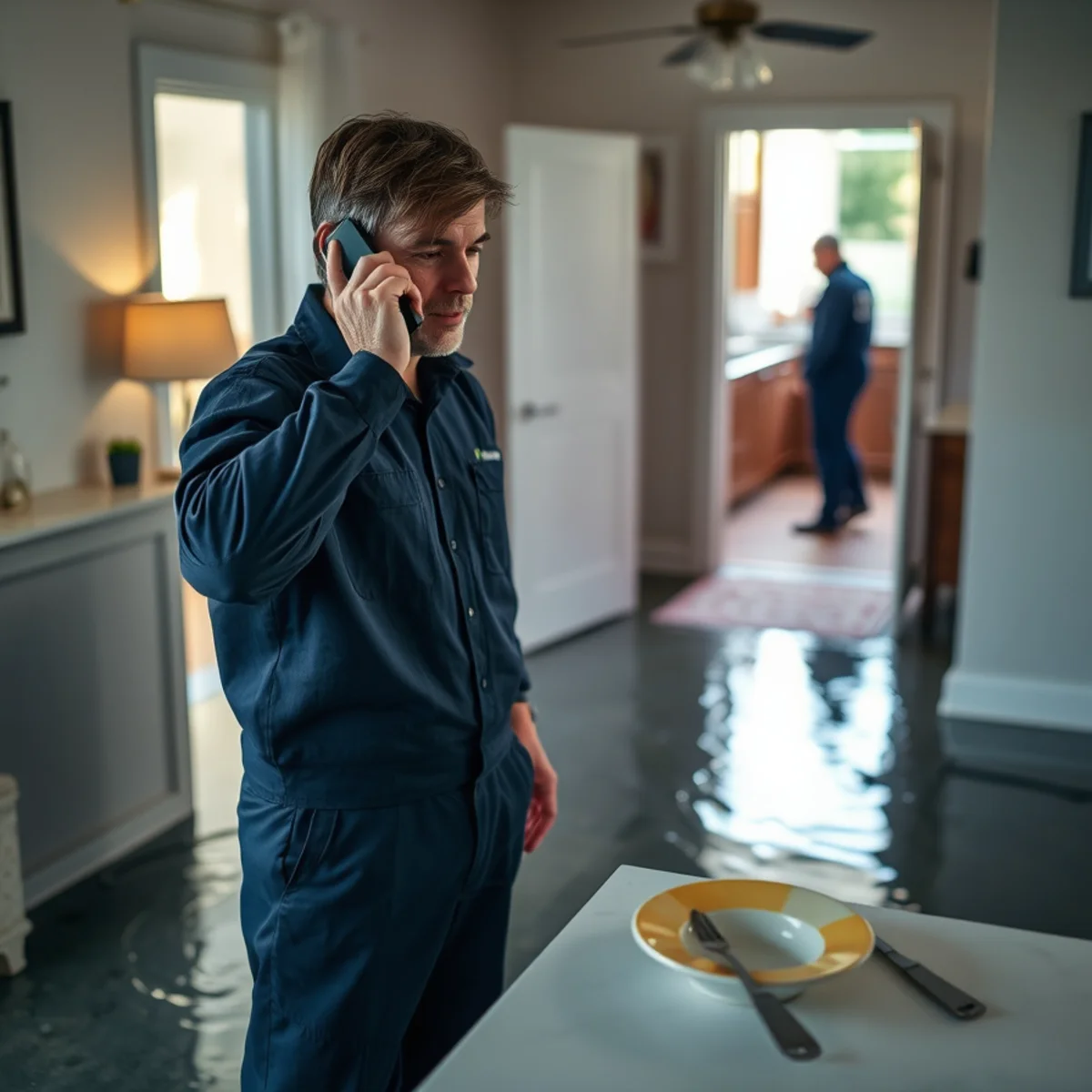 Homeowner calling a 24/7 restoration company from a flooded Berkeley room