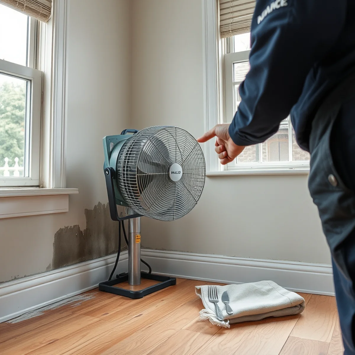 Household box fan failing to dry a water damaged wall in a Berkeley home