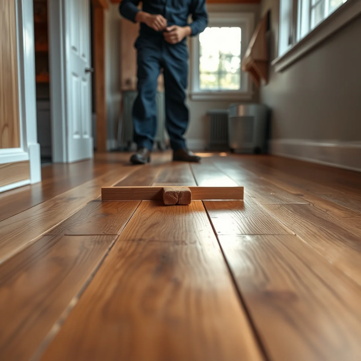 Cupped hardwood floorboards with raised edges in a Berkeley home