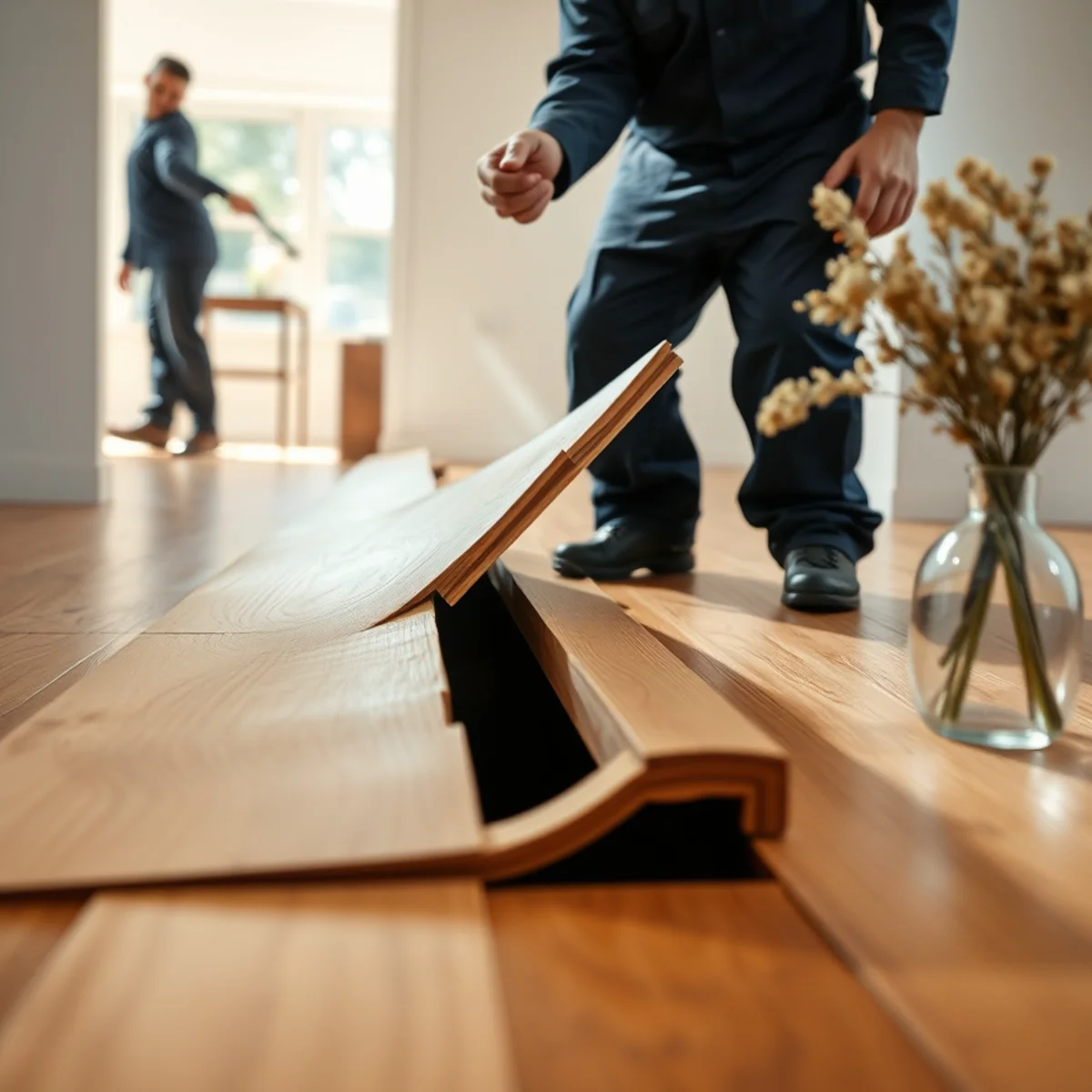 Buckled hardwood floorboards tenting away from the subfloor in a Berkeley home