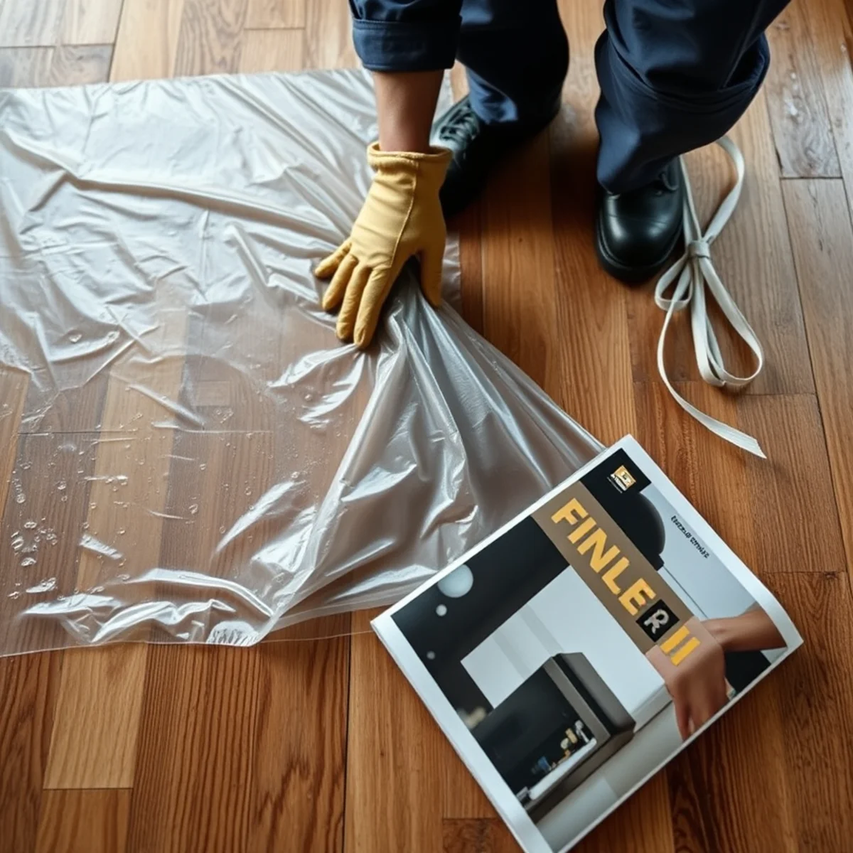 Plastic sheeting wrongly laid over a wet hardwood floor trapping moisture