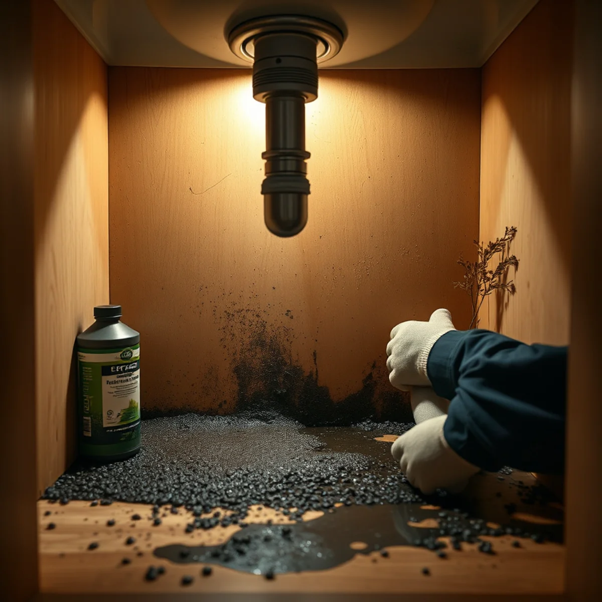 Mold growth on the base of an under-sink cabinet in a Berkeley kitchen