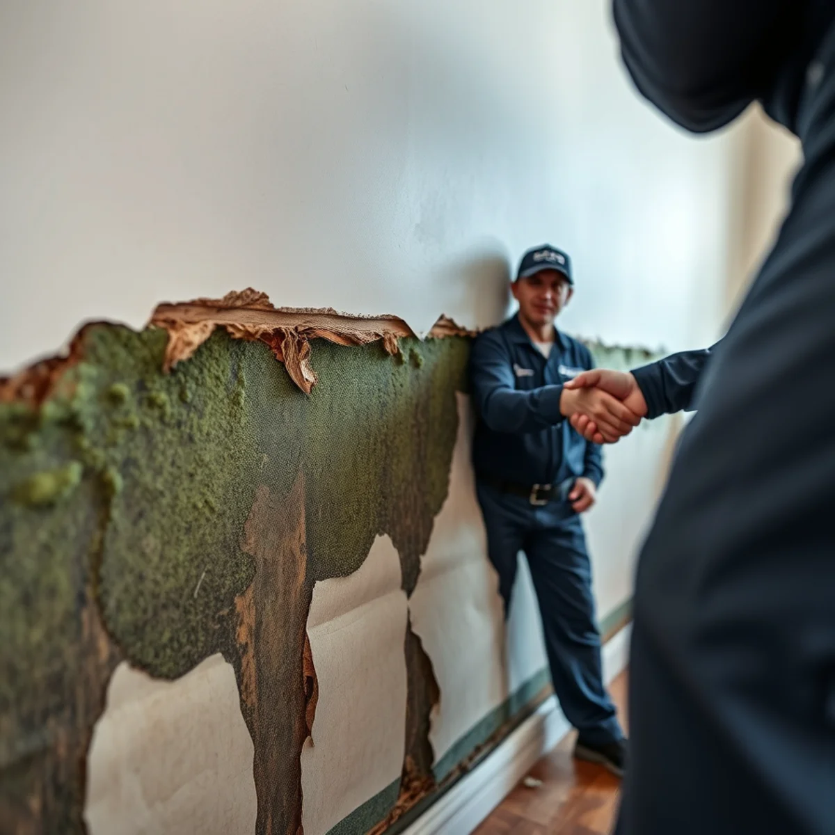 Early mold growth on wet drywall behind a baseboard in a Berkeley home