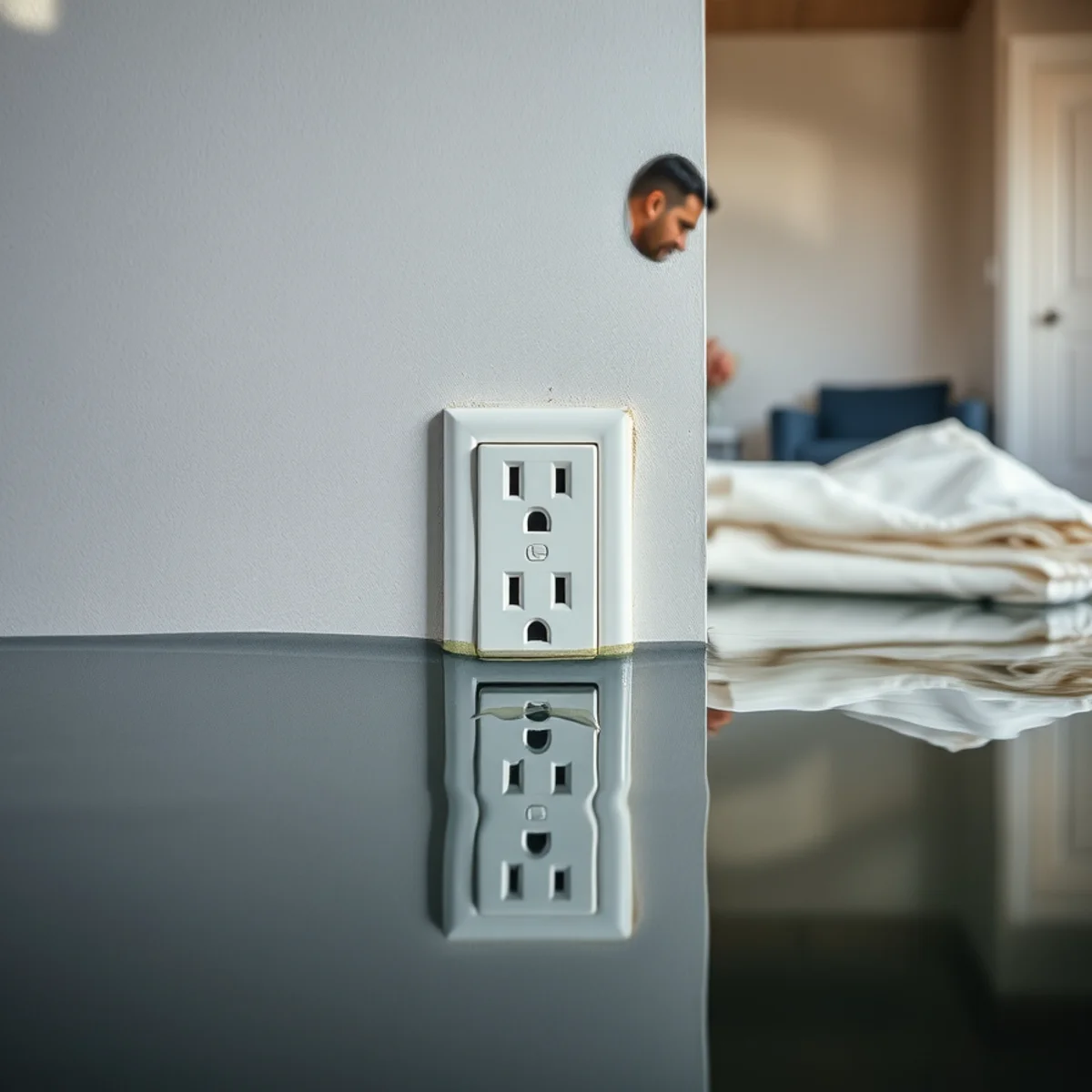 Electrical outlet just above standing water in a flooded Berkeley room