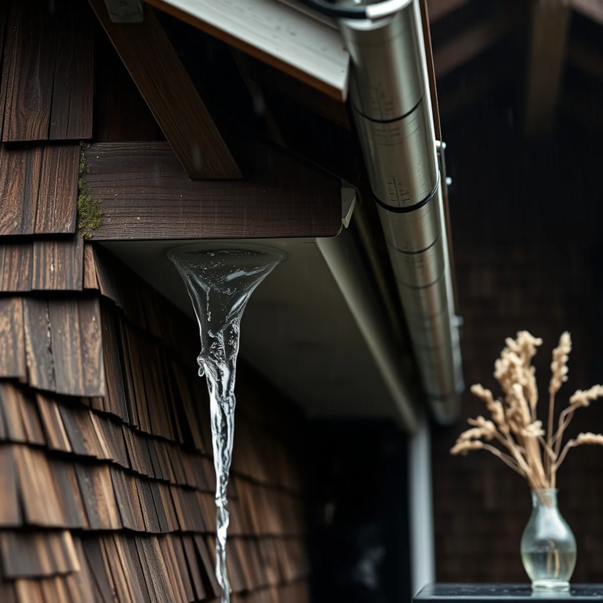 Deep Craftsman eaves and an overflowing gutter on a Berkeley brown shingle home