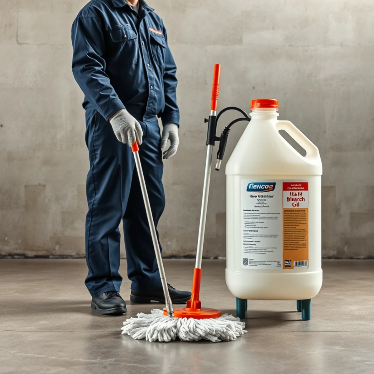 Household bleach bottle beside professional EPA-registered disinfectant equipment