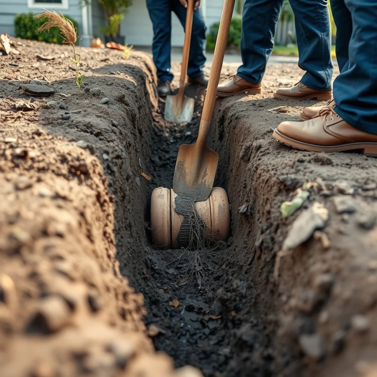 Open mortared joint in a century-old clay sewer lateral excavated in Berkeley
