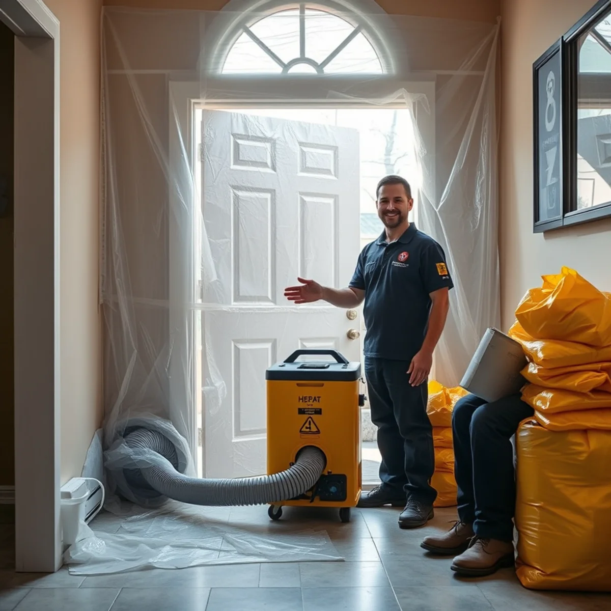 Containment barrier and negative air machine set up for a Category 3 sewage cleanup in a Berkeley home