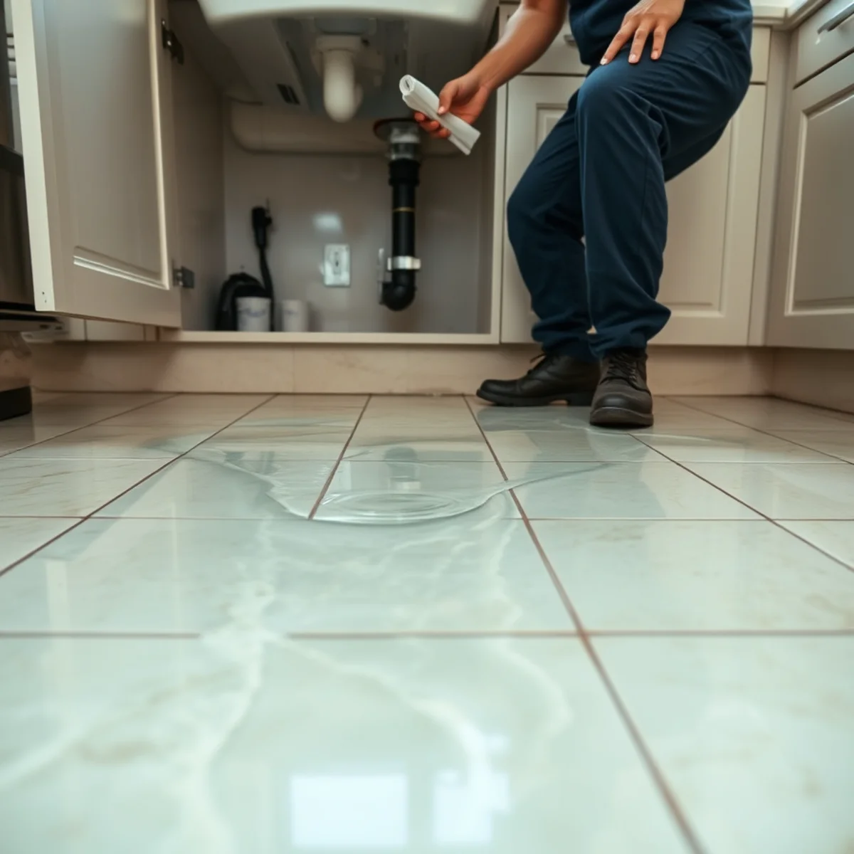 Clean supply line water spreading across a Berkeley kitchen floor