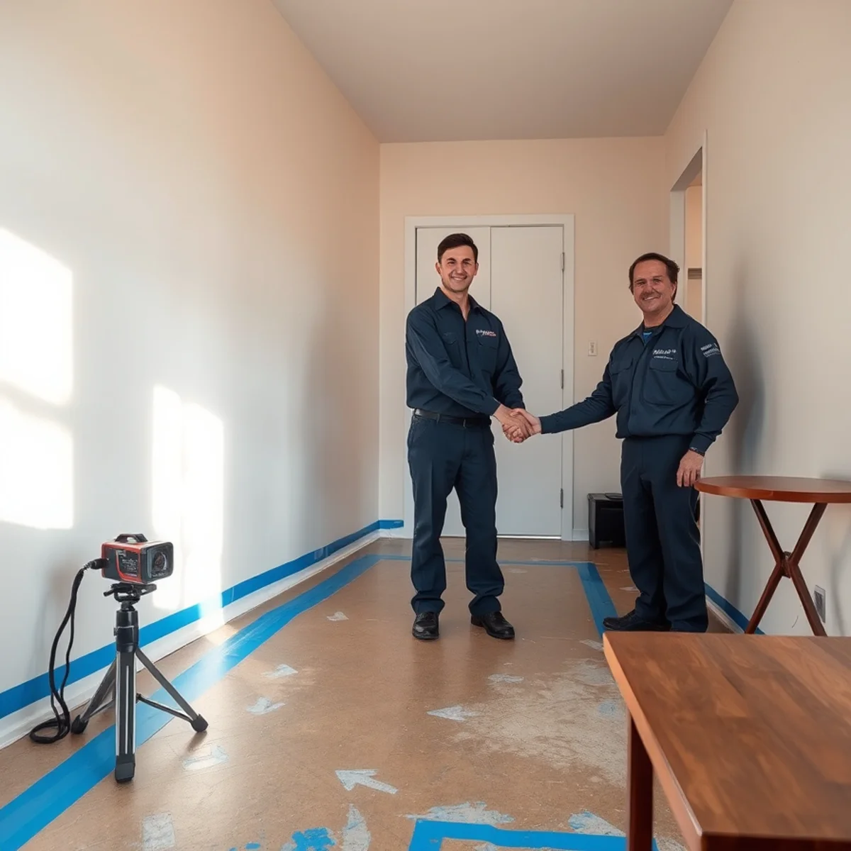 Blue tape marking the true wet boundary far beyond the visible spill in a Berkeley home
