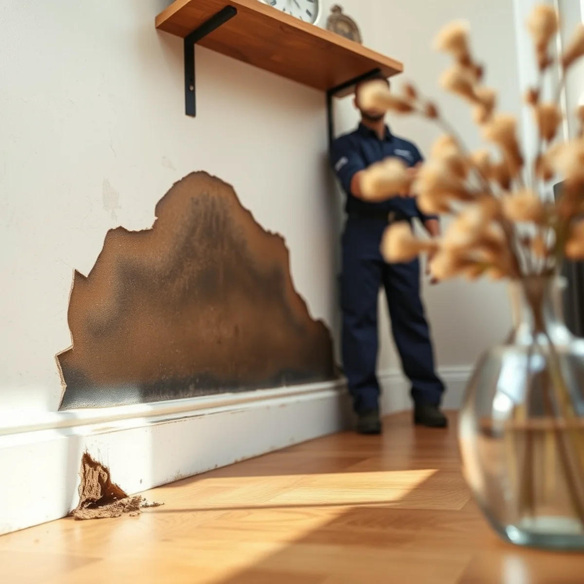 Long-standing water damage showing swollen skirting and early growth in a Berkeley room
