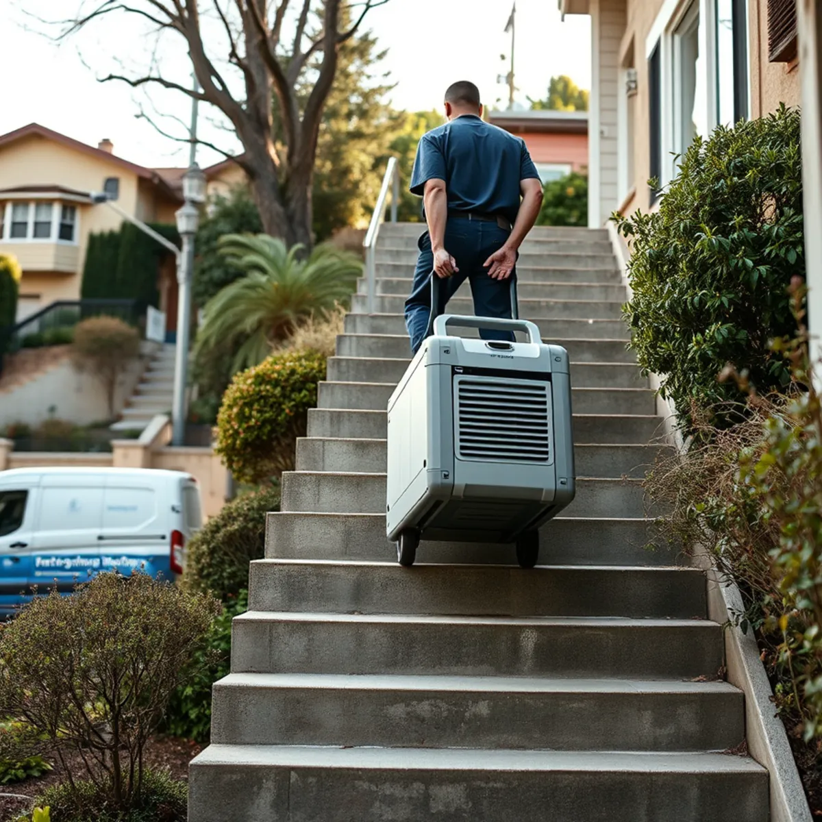 Technicians carrying drying equipment up steep exterior steps to a Berkeley hillside home