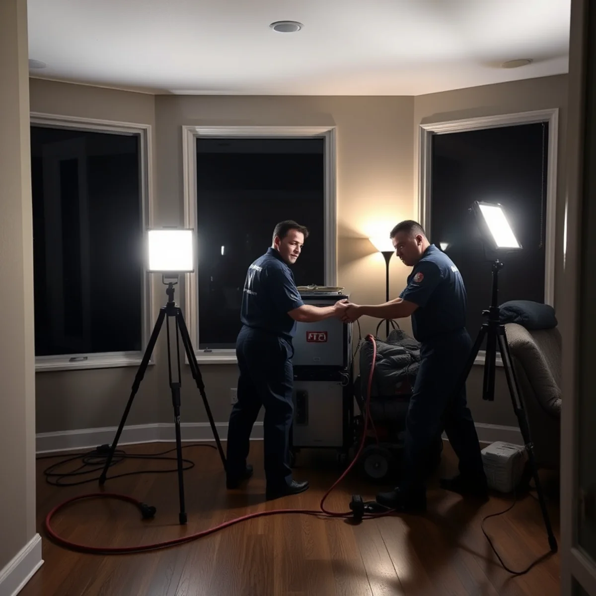 Restoration crew working through the night in a Berkeley home