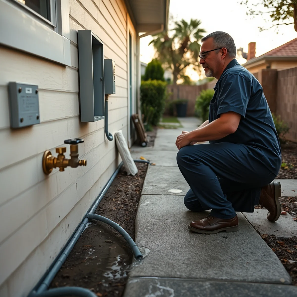 Homeowner shutting the main water valve while water spreads across a Berkeley floor
