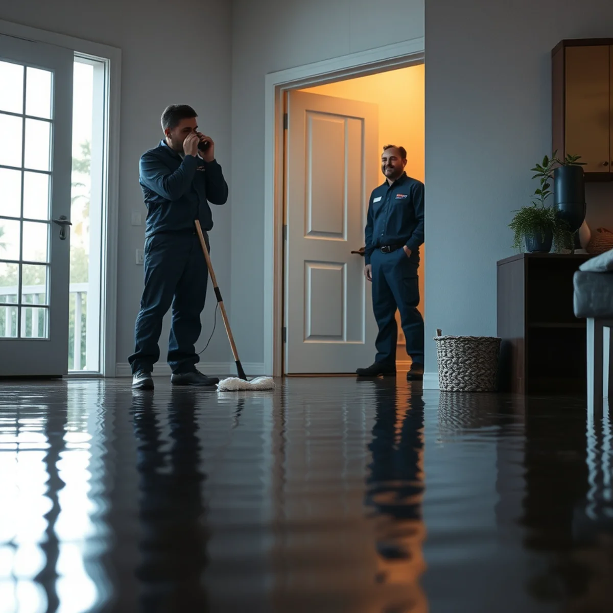 Homeowner calling a restoration company from a flooded Berkeley room before cleaning up