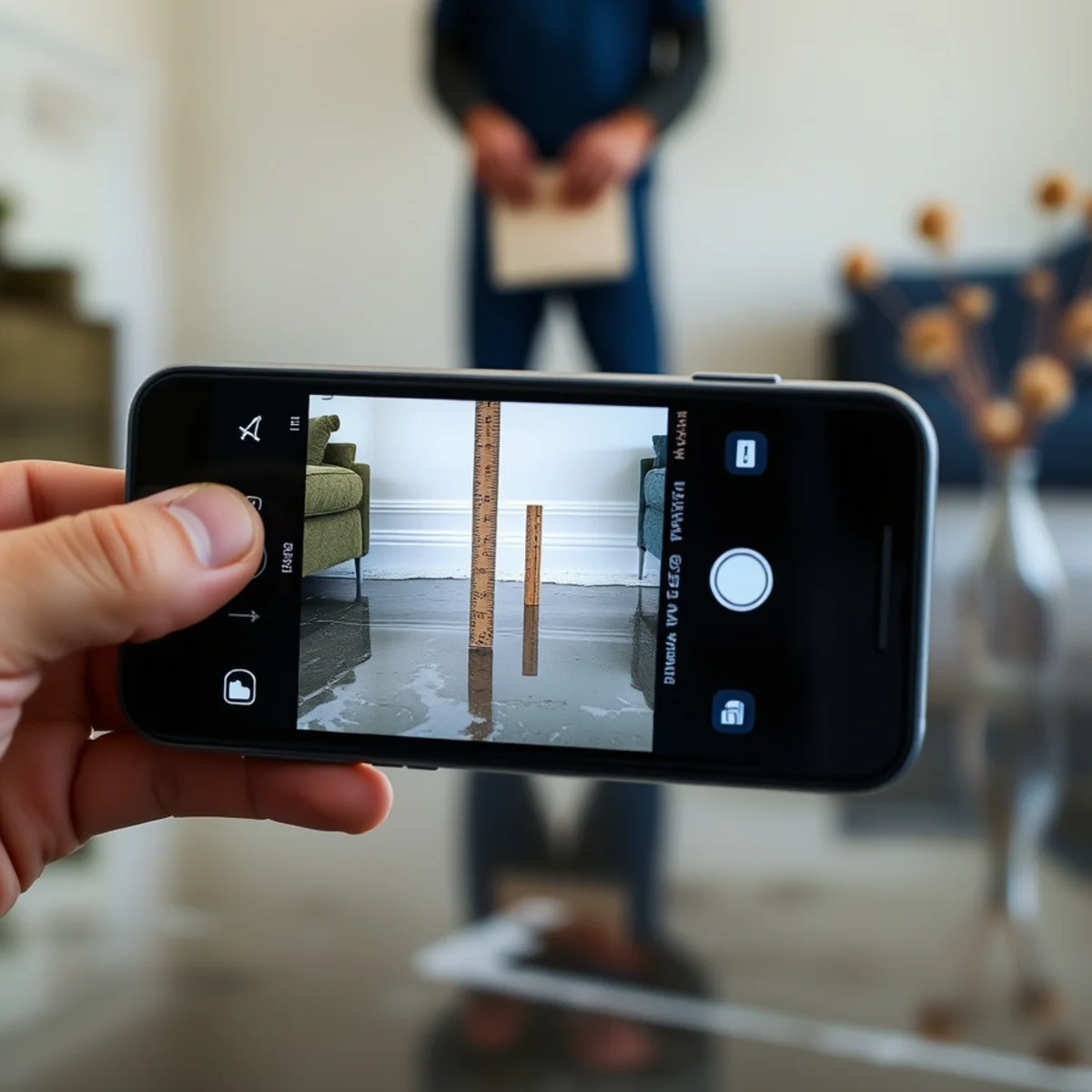Homeowner photographing water depth against a baseboard for an insurance claim