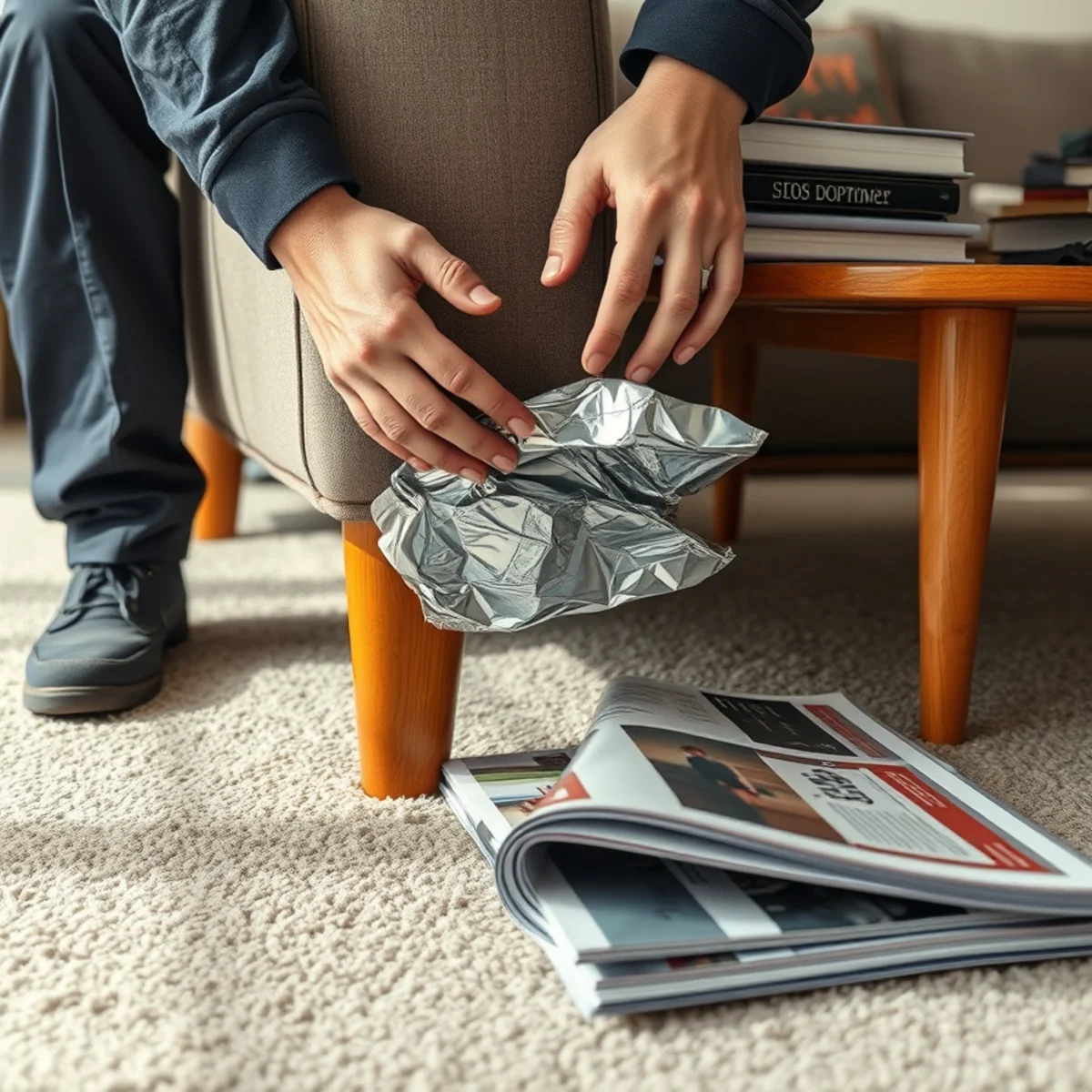Aluminium foil placed under furniture legs to stop stain bleeding into wet carpet