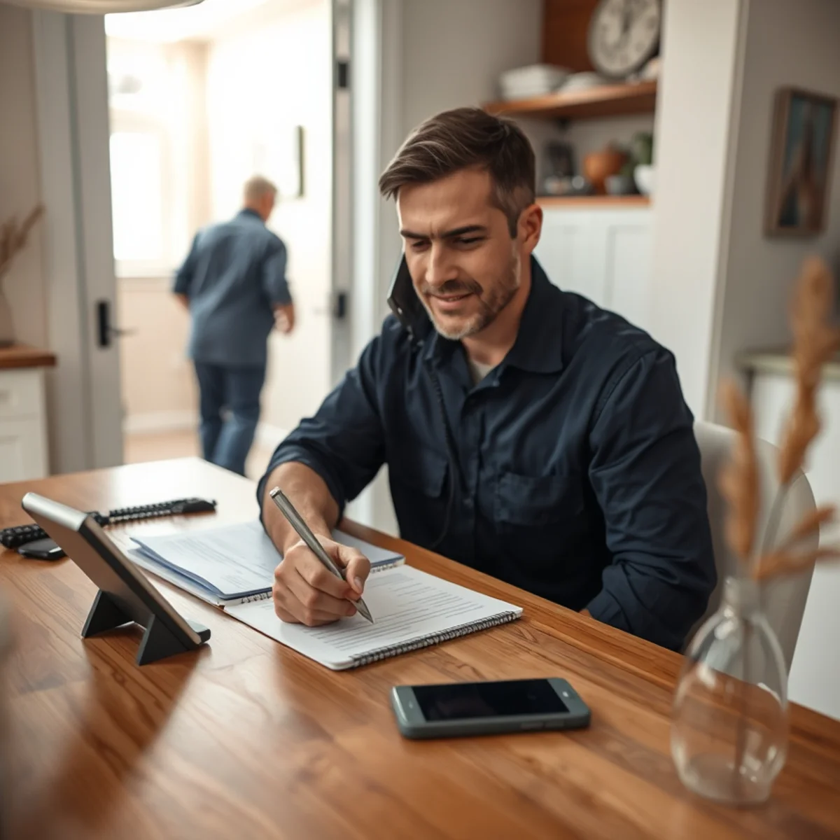 Homeowner opening a water damage insurance claim by phone from a Berkeley kitchen