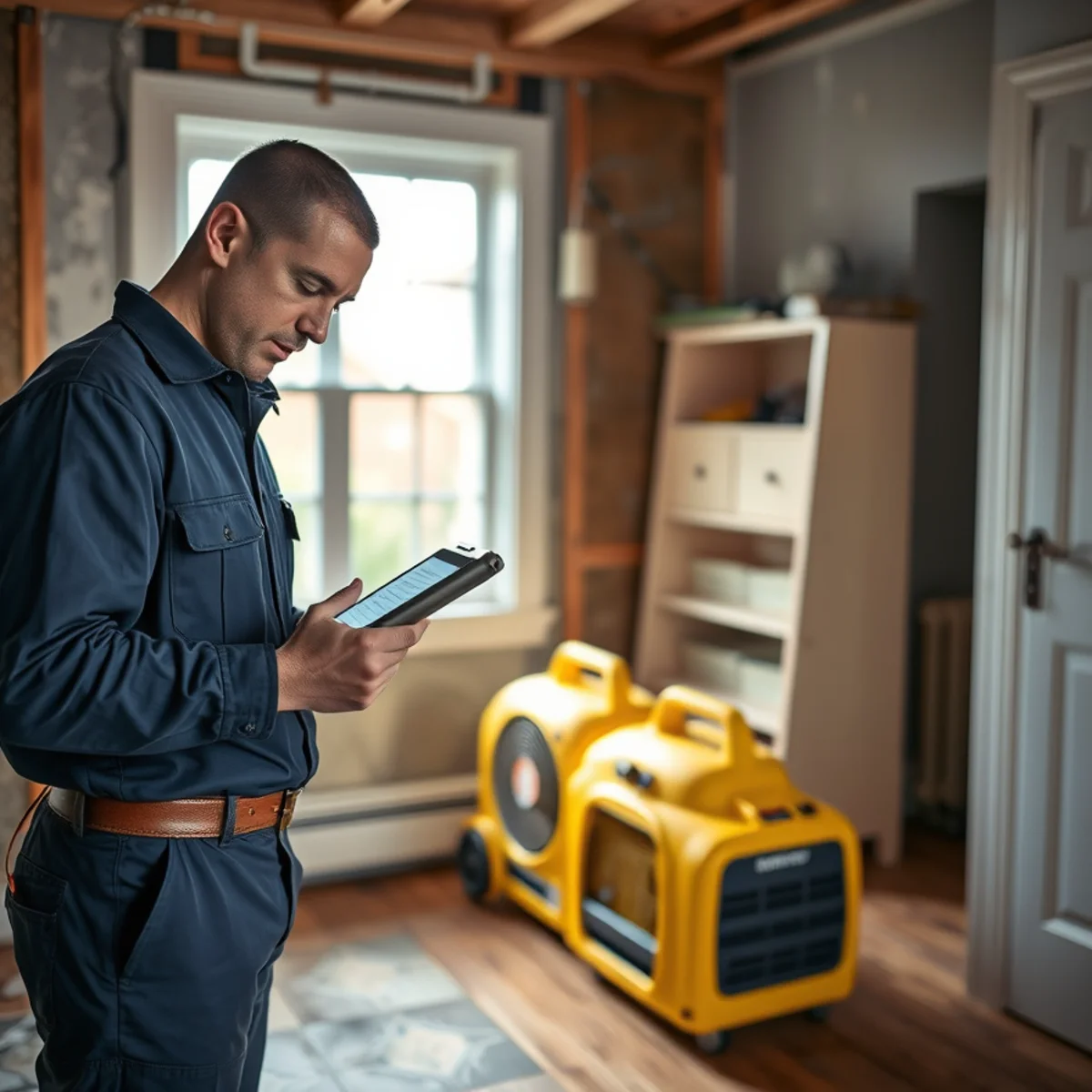Technician reviewing moisture readings on a tablet in a Berkeley home