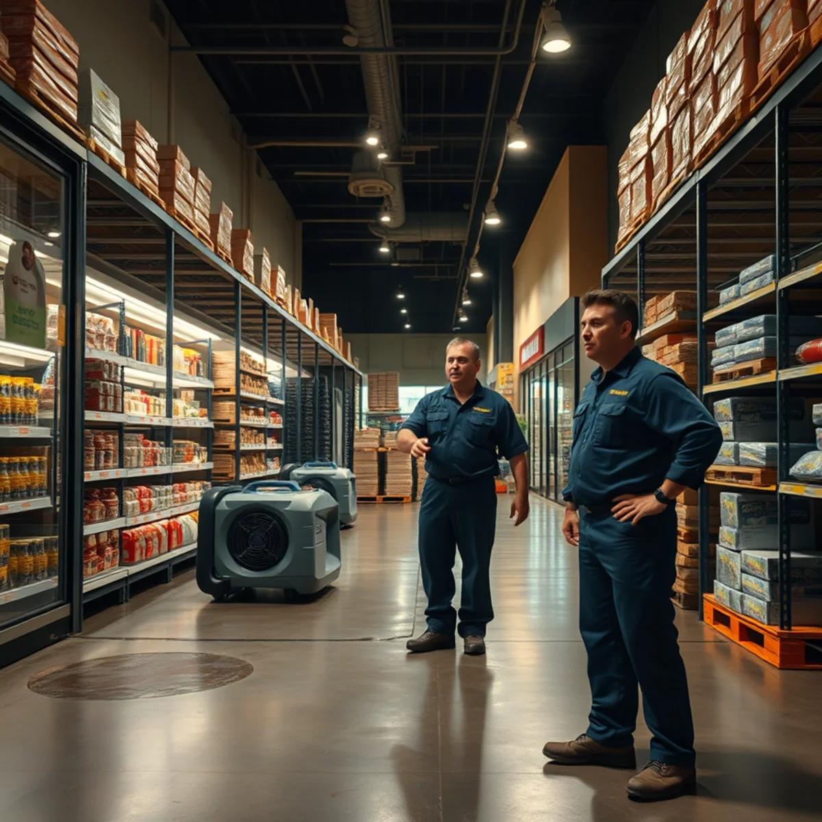 Overnight restoration crew drying a closed Berkeley retail floor after a water loss