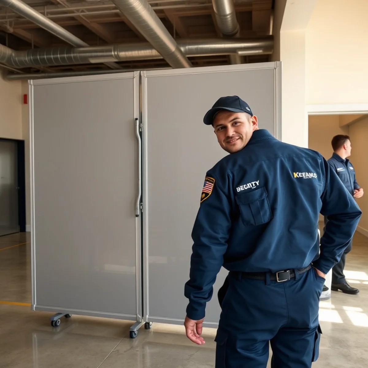 Hard containment partition separating a restoration work zone from a trading Berkeley business