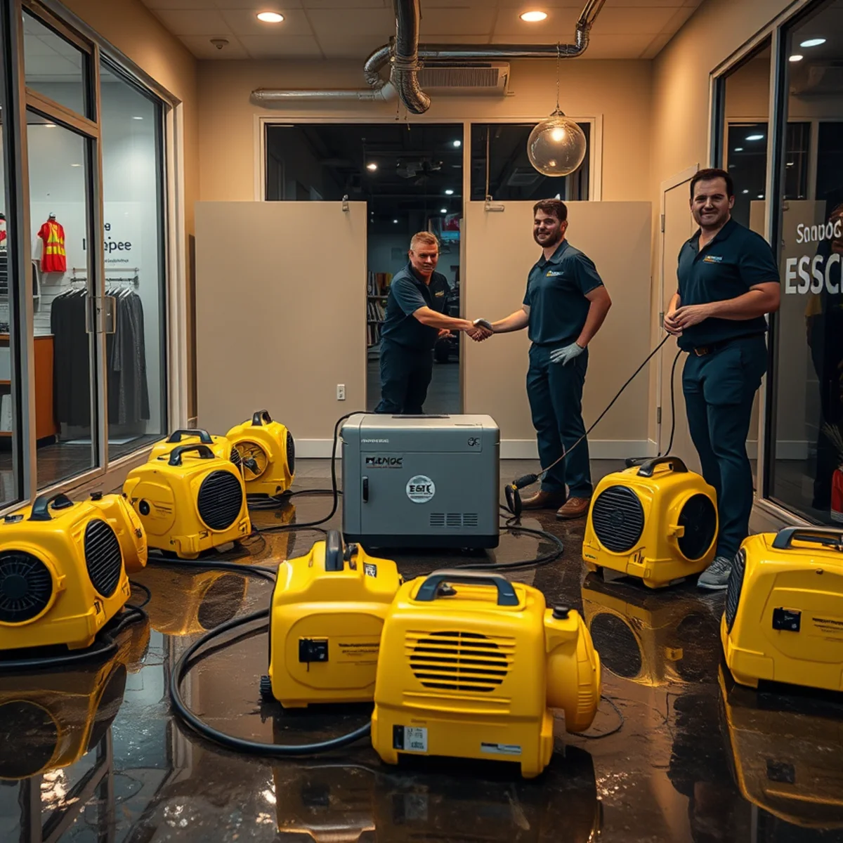 Commercial water damage restoration crew drying a flooded Berkeley retail space on Shattuck Avenue