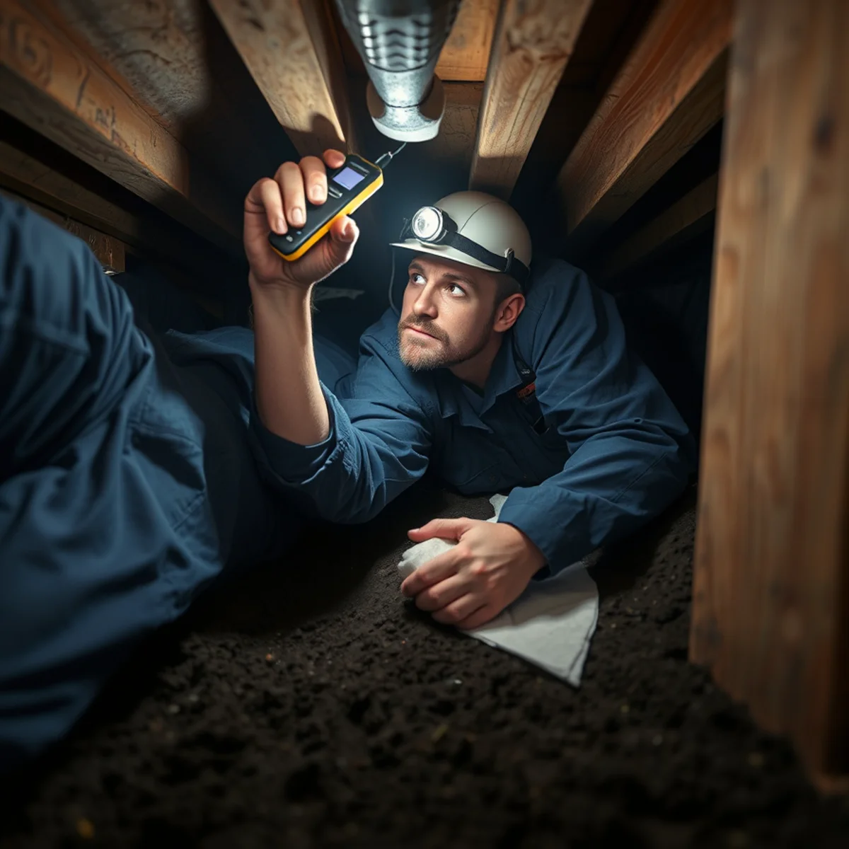 Technician inspecting a damp Berkeley crawl space with a headlamp and moisture meter