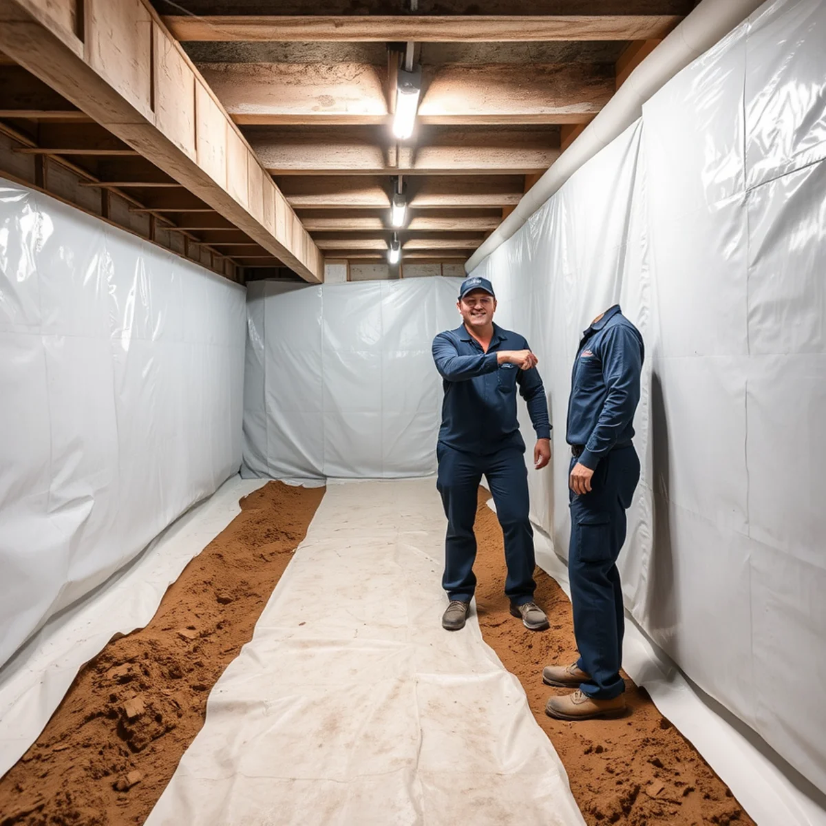 New sealed vapor barrier installed over bare soil in a Berkeley crawl space