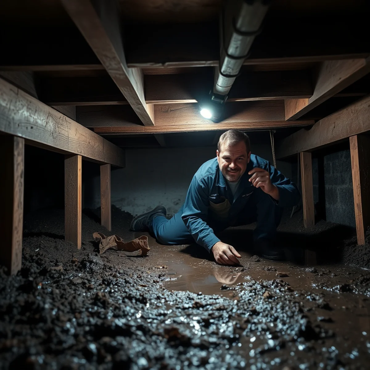 Standing water and exposed soil in the crawl space beneath an older Berkeley home
