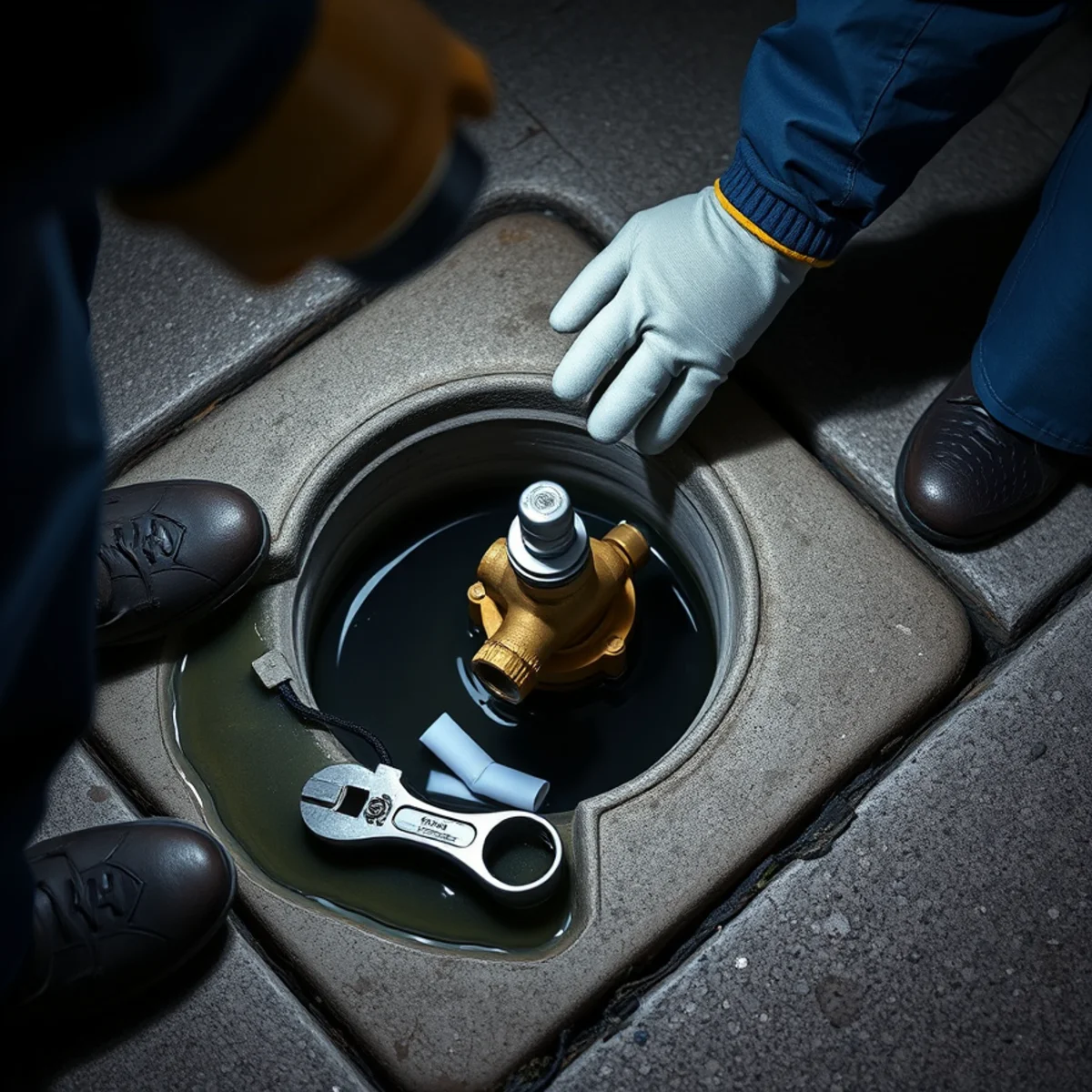 Technician locating and closing the main water shut-off valve at a Berkeley home