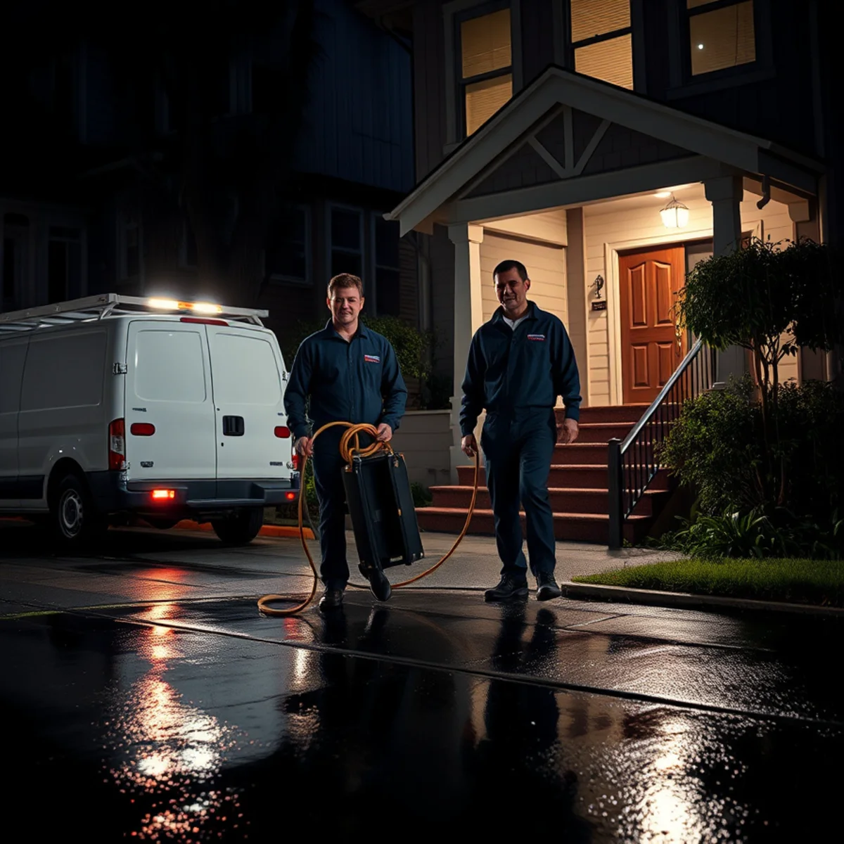 Emergency water damage response crew arriving at a Berkeley home at night with extraction equipment