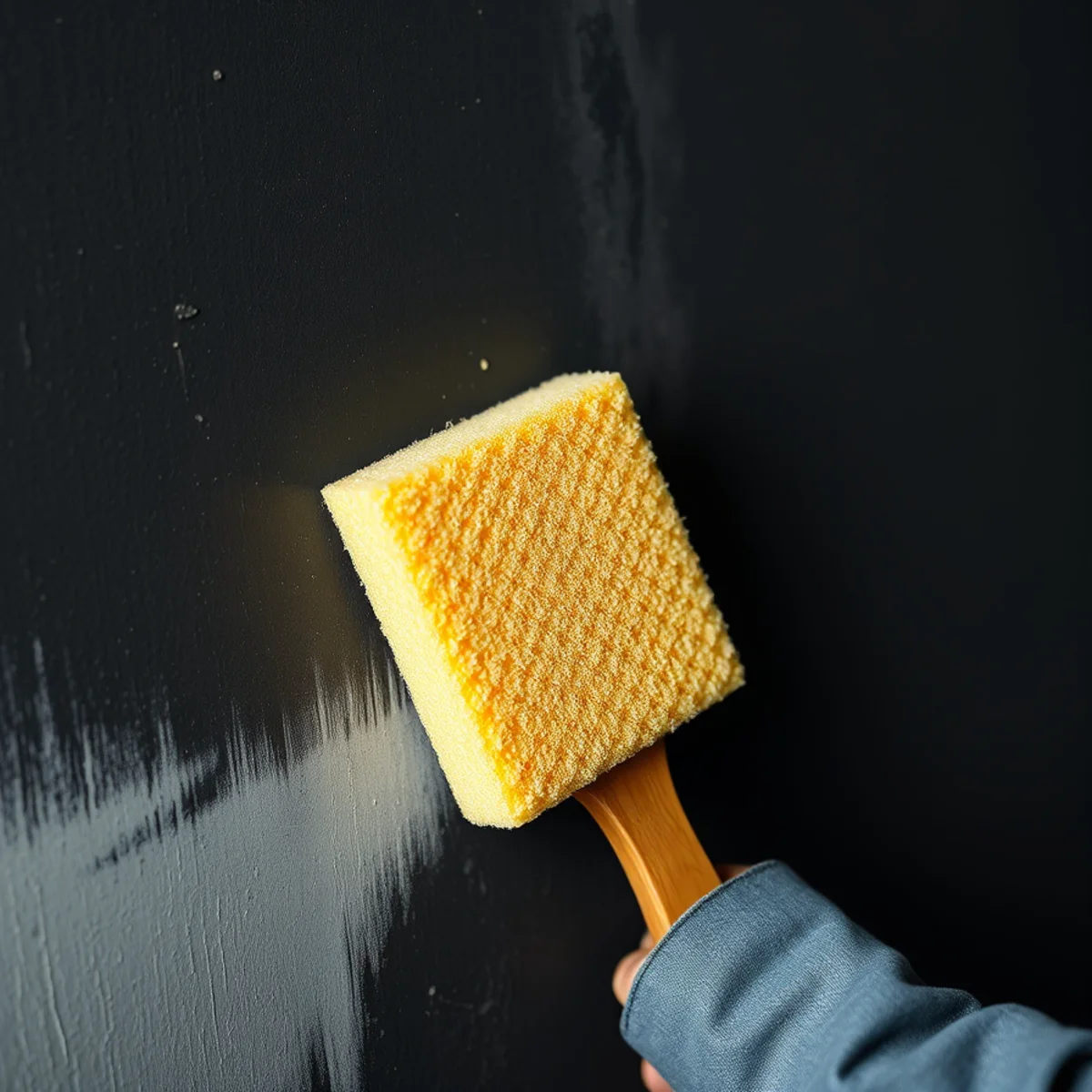 Chemical sponge revealing clean wall surface through heavy soot in a Berkeley home